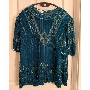Laurence Kazar New York Teal Beaded Silk Evening Top